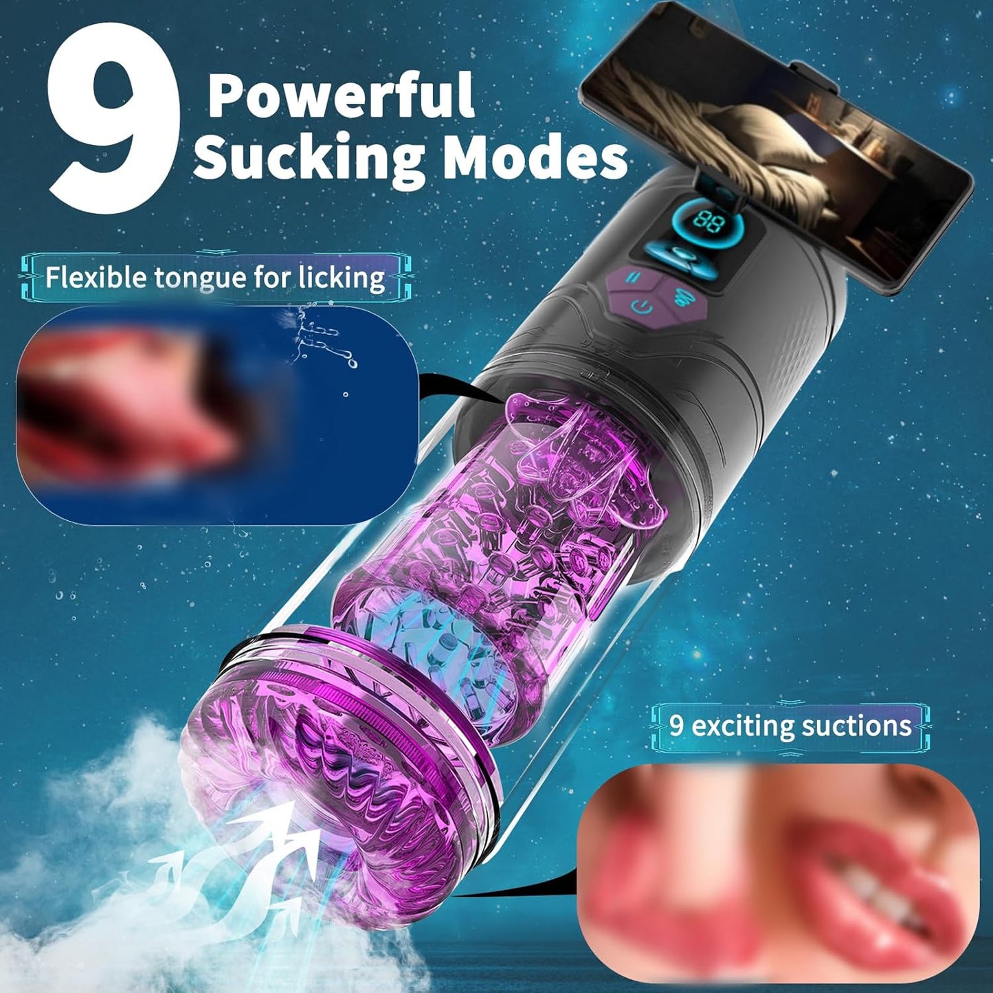 Male Masturbator Penis Pump Adult Sex Toys, Mens Masturbators with Phone Holder 9 Thrusting Rotating & Sucking Modes, Licking Vacuum Pumps & Enlargers, LCD Display Stroker for Men